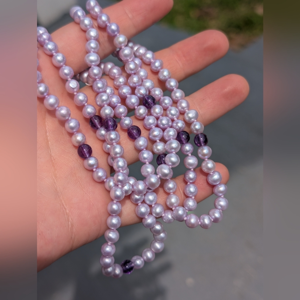 Vintage Freshwater Lavender Pearl Amethyst Necklace 36" 5mm